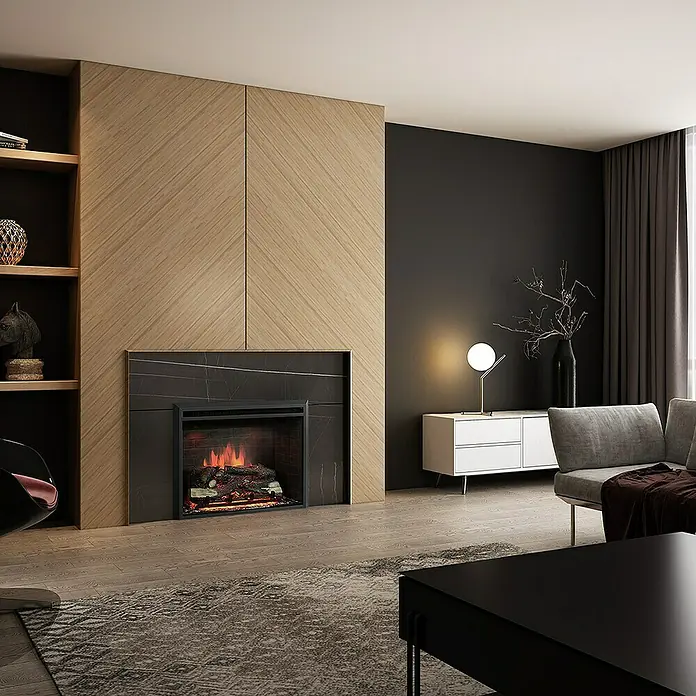 Balderia Elektrischer Kamin CA-33 3D-Flammeneffekt - Schwarz, 89 x 22 x 68,5 cm - Elegantes Wohnzimmer mit einem modernen Kamin, der eine warme Atmosphäre schafft. Die stilvolle Einrichtung umfasst ein Sideboard und eine gemütliche Couch.