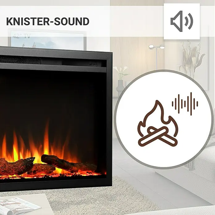 Balderia Elektrischer Kamin AT-33 3D-Flammeneffekt Wifi App - Schwarz, 84 x 14,6 x 48 cm - Abbildung eines elektrischen Kaminofens mit Knistereffekt für gemütliche Atmosphäre im Wohnzimmer.