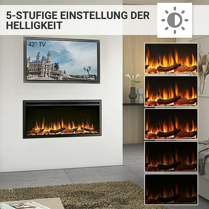 Balderia Elektrischer Kamin AT-40 3D-Flammeneffekt Wifi App - Schwarz, 101,6 x 14,6 x 48 cm - 5-stufige Helligkeitseinstellung eines elektrischen Kamins mit simulierten Flammen, die von hell bis dunkel reichen für stimmungsvolles Ambiente.