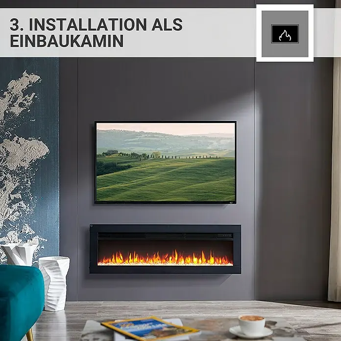 Balderia Elektrischer Kamin AG-40 3D-Flammeneffekt - Schwarz, 102 x 12 x 33 cm - 3. Installation als Einbaukamin: Ein moderner Elektrokamin unter einem Flachbildfernseher an einer grauen Wand, ideal für ein stilvolles Ambiente.