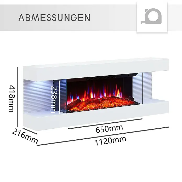 Balderia Elektrischer Kamin LU-WE 3D-Flammeneffekt - Weiß, 120 x 21,6 x 41,8 cm - Abmessungen des Elektrokamins in Weiß mit Maßen für Höhe, Breite und Tiefe, um einen Überblick über die Größe des Produkts zu geben.