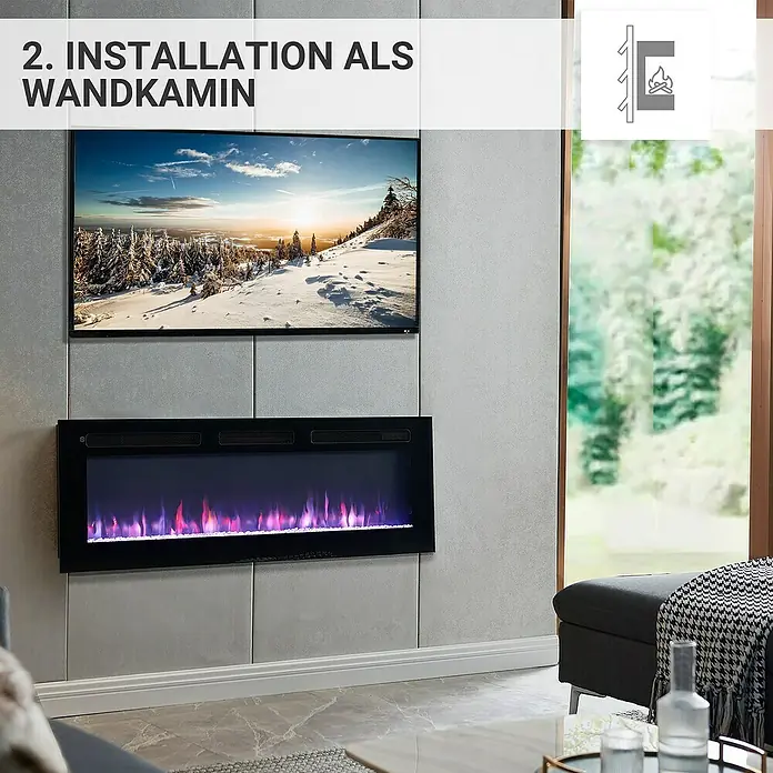 Balderia Elektrischer Kamin LE-50 3D-Flammeneffekt - Schwarz, 125 x 14 x 43 cm - Wandkamin-Installation: Ein moderner elektrischer Kamin mit lila Flammen, der unter einem Flachbildfernseher an einer grauen Wand montiert ist.