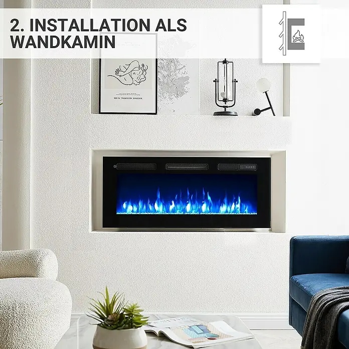 Balderia Elektrischer Kamin LE-40 3D-Flammeneffekt - Schwarz, 102 x 14 x 43 cm - Das Bild zeigt einen stilvollen elektrischen Wandkamin mit blauen Flammen, integriert in eine moderne Wohnraumgestaltung.