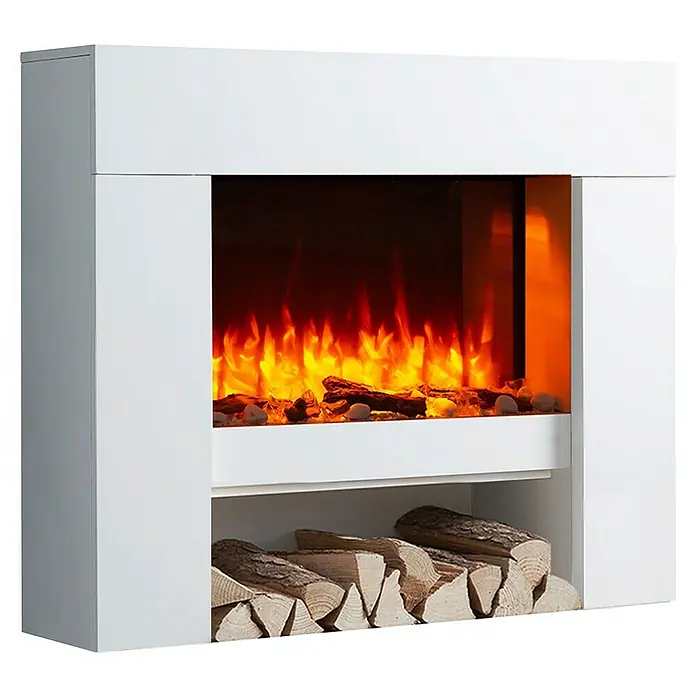 Balderia Elektrischer Kamin NA-WE 3D-Flammeneffekt - Weiß, 100 x 27,9 x 82,5 cm - Bild eines modernen weißen Elektrokamins mit simulierten Flammen und Holzscheiten. Stilvolles Design für gemütliche Wärme im Wohnbereich.