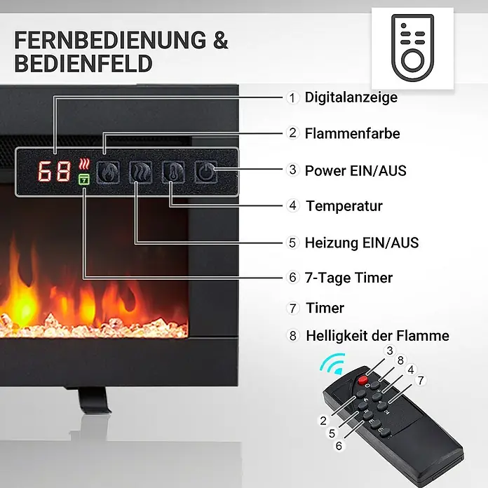 Balderia Elektrischer Kamin AG-50 3D-Flammeneffekt - Schwarz, 127 x 12 x 33 cm - Bild einer elektrischen Feuerstelle mit Bedienelementen und Fernbedienung zur Steuerung von Temperatur, Flammenfarbe und Timer.
