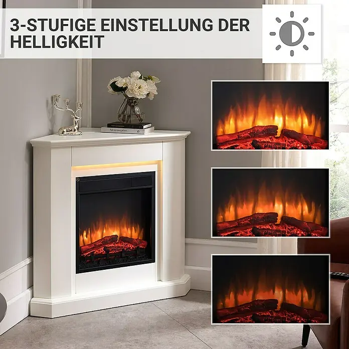 Balderia Elektrischer Kamin CA-WE 3D-Flammeneffekt - Weiß, 96,3 x 56,8 x 93,4 cm - Eckkamin mit 3-stufiger Helligkeitseinstellung für stimmungsvolles Ambiente.