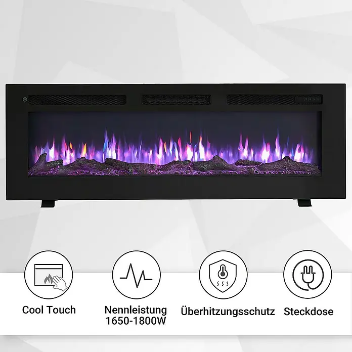 Balderia Elektrischer Kamin LE-50 3D-Flammeneffekt - Schwarz, 125 x 14 x 43 cm - Produktbild eines schwarzen elektrischen Kamins mit simulierten Flammen und Sicherheitsfunktionen.
