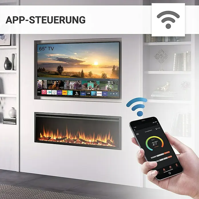Balderia Elektrischer Kamin AT-60 3D-Flammeneffekt Wifi App - Schwarz, 152,4 x 14,6 x 48 cm - Intelligenter Kamin mit App-Steuerung und 65-Zoll-Fernseher für ein gemütliches Ambiente in Ihrem Zuhause.