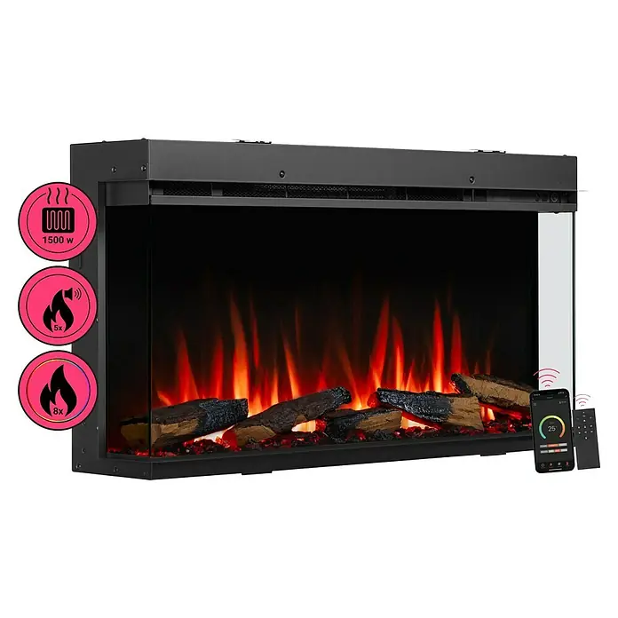 Balderia Elektrischer Kamin AH-36 3D-Flammeneffekt Wifi App - Schwarz, 92,8 x 20,6 x 49,3 cm - Nahaufnahme eines modernen elektrischen Kamins mit realistischen Flammen und Holzscheit-Details.