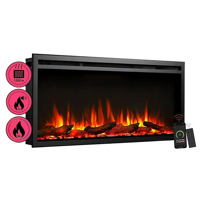 Balderia Elektrischer Kamin AT-40 3D-Flammeneffekt Wifi App - Schwarz, 101,6 x 14,6 x 48 cm - Produktansicht eines elektrischen Kamineinsatzes mit lebensechten Flammen und Bedienelementen, die Wärme und Atmosphäre bieten.\n