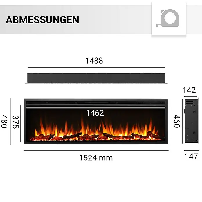 Balderia Elektrischer Kamin AT-60 3D-Flammeneffekt Wifi App - Schwarz, 152,4 x 14,6 x 48 cm - Abmessungen eines Elektrokamins mit den Maßen 1524 mm Breite, 480 mm Höhe und 142 mm Tiefe. Das Design ist modern und schlank.