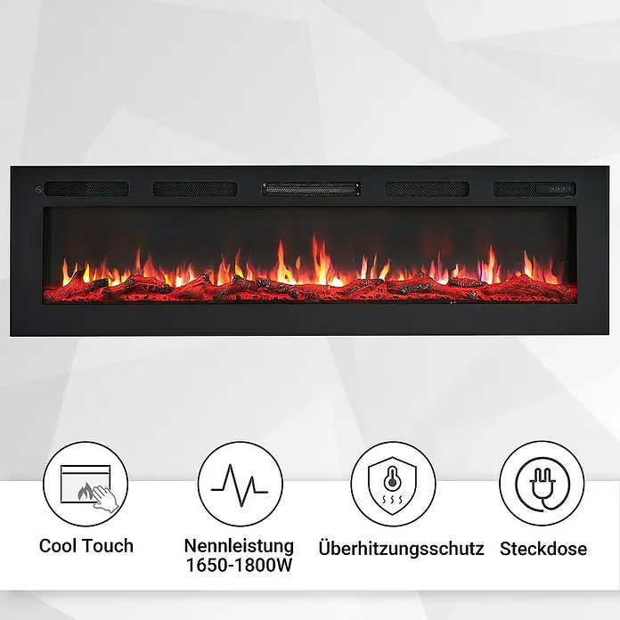 Balderia Elektrischer Kamin LE-60 3D-Flammeneffekt - Schwarz, 152,5 x 14 x 43 cm - Das Bild zeigt einen elektrischen Kamin mit Flammen und Funktionen wie Cool Touch, Überhitzungsschutz und einstellbare Leistung.