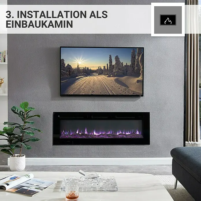 Balderia Elektrischer Kamin LE-50 3D-Flammeneffekt - Schwarz, 125 x 14 x 43 cm - Ein moderner, elektrischer Kamin als Einbaukamin unter einem Fernseher an einer grauen Wand, mit dekorativen Elementen auf einem Couchtisch.