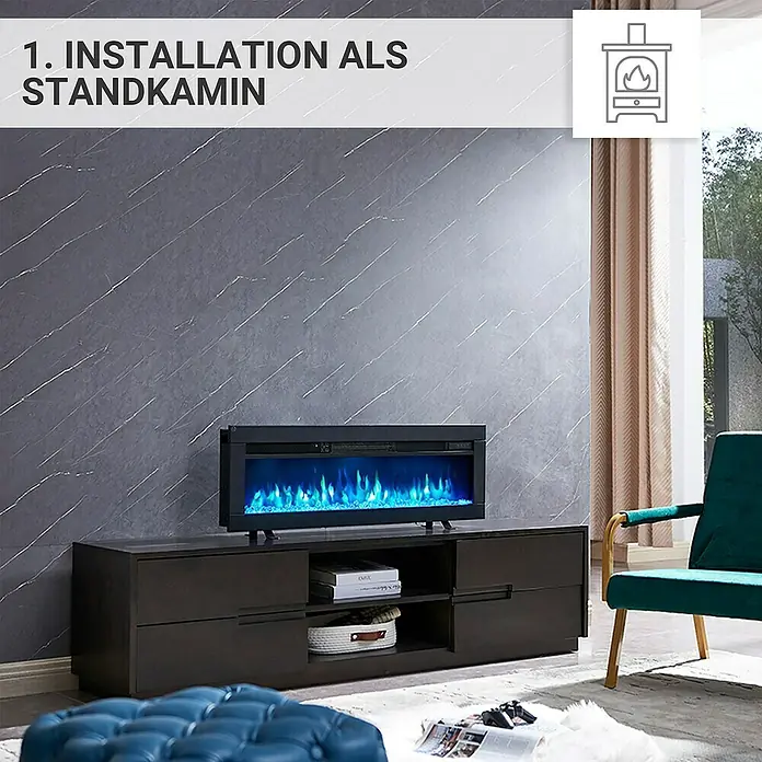Balderia Elektrischer Kamin AG-40 3D-Flammeneffekt - Schwarz, 102 x 12 x 33 cm - Standkamin-Installation: Der stilvolle elektrische Kamin steht auf einem modernen TV-Schrank und bietet eine gemütliche Atmosphäre.
