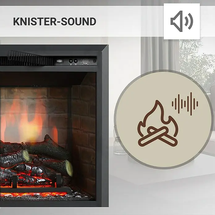 Balderia Elektrischer Kamin CA-30 3D-Flammeneffekt - Schwarz, 81 x 22 x 62,5 cm - Das Bild zeigt einen Kamin mit Knister-Sound-Funktion für eine gemütliche Atmosphäre. Die Flammen sind täuschend echt.