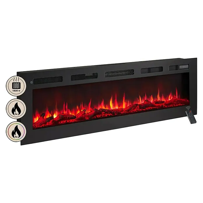 Balderia Elektrischer Kamin LE-60 3D-Flammeneffekt - Schwarz, 152,5 x 14 x 43 cm - Detaillierte Ansicht eines elektrischen Kamins mit simulierten Flammen und Heizelementen.