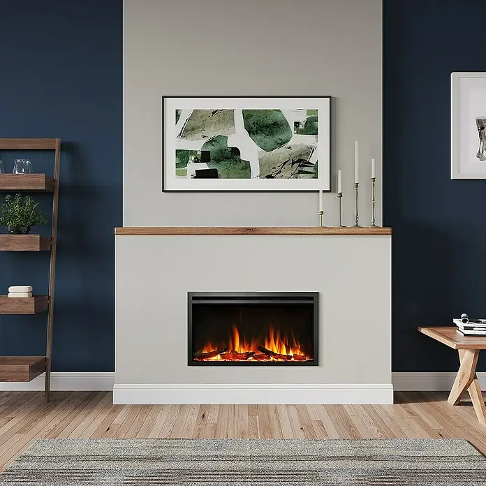 Balderia Elektrischer Kamin AT-33 3D-Flammeneffekt Wifi App - Schwarz, 1.500 W, 84 x 14,6 x 48 cm - Ein modernes Wohnzimmer mit einem stilvollen elektrischen Kamin, der Wärme und Eleganz in den Raum bringt.\n