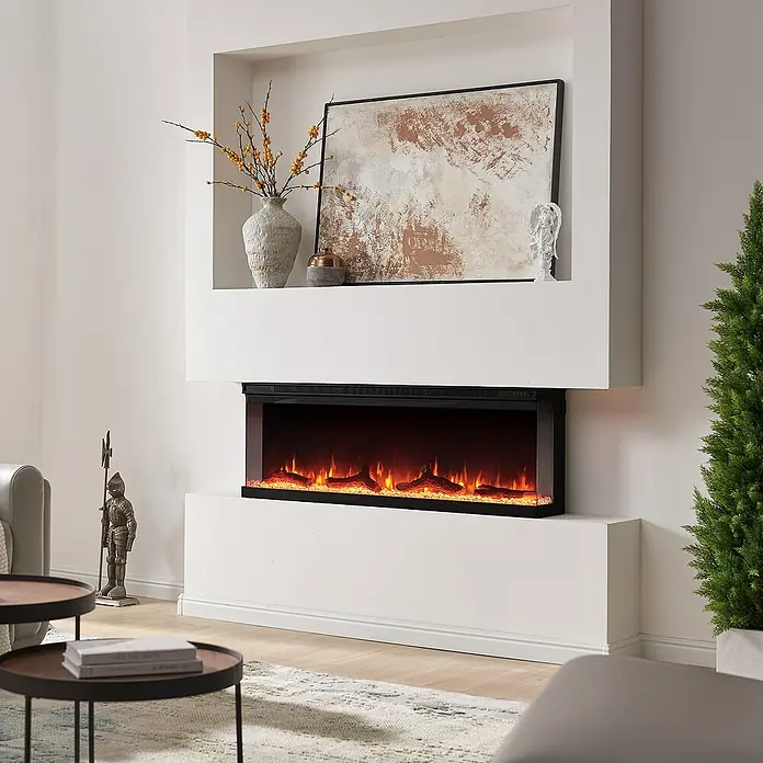 Balderia Elektrischer Kamin OR-50 3D-Flammeneffekt - Schwarz, 127 x 20 x 43 cm - Elegantes Wohnzimmer mit modernem Elektrokamin, der eine warme Atmosphäre schafft. Dekorative Elemente vervollständigen das stilvolle Ambiente.