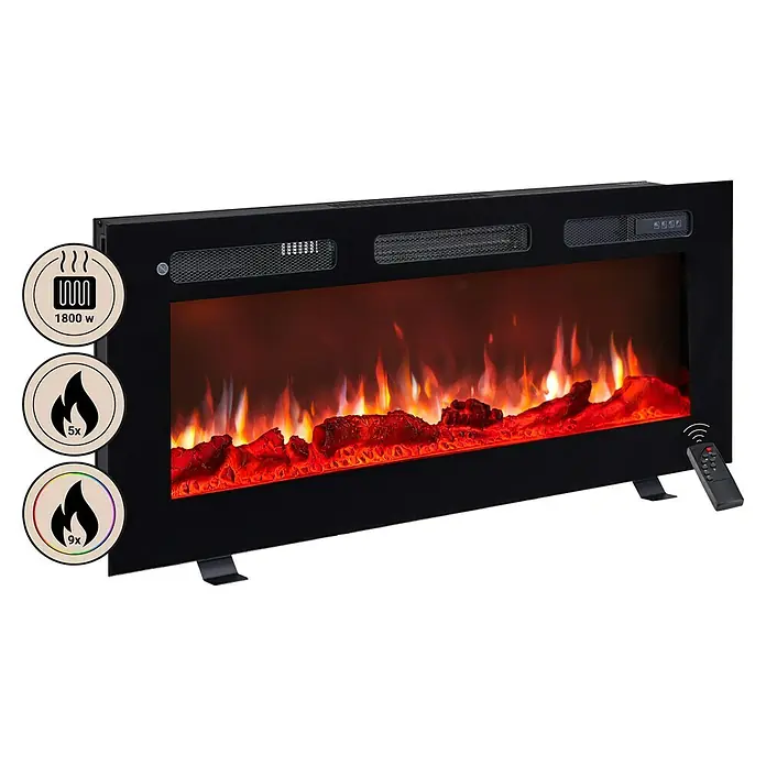 Balderia Elektrischer Kamin LE-40 3D-Flammeneffekt - Schwarz, 102 x 14 x 43 cm - Nahaufnahme eines schwarzen elektrischen Wandkamins mit realistischen Flammeneffekten und Bedienelementen.