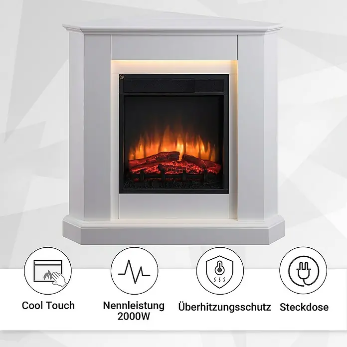 Balderia Elektrischer Kamin CA-WE 3D-Flammeneffekt - Weiß, 96,3 x 56,8 x 93,4 cm - Ein weißer Eckkamin mit realistischen Flammeneffekten, der Wärme und Atmosphäre in jeden Raum bringt.
