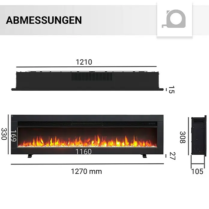 Balderia Elektrischer Kamin AG-50 3D-Flammeneffekt - Schwarz, 127 x 12 x 33 cm - Abmessungen des elektrischen Kamins mit Angabe der Breite (1270 mm), Höhe (330 mm) und Tiefe (105 mm).