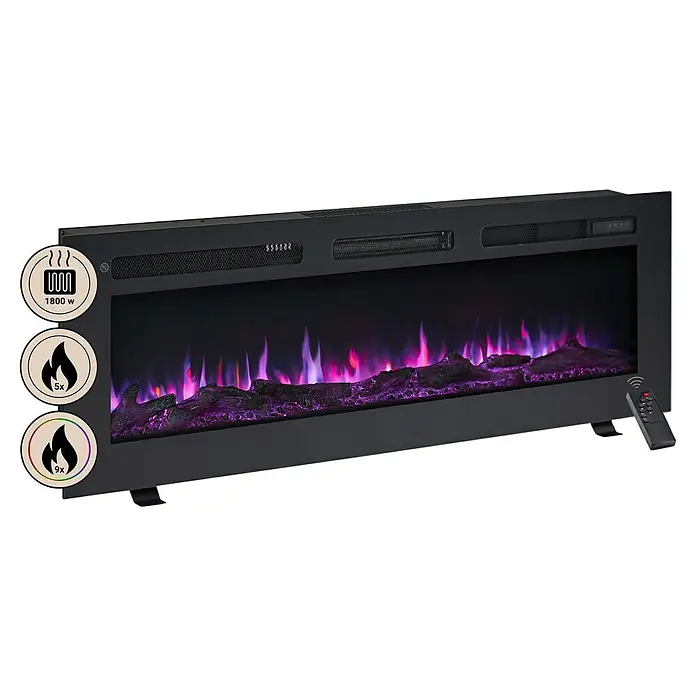Balderia Elektrischer Kamin LE-50 3D-Flammeneffekt - Schwarz, 125 x 14 x 43 cm - Nahaufnahme eines elektrischen Kamins mit realistischen Flammeneffekten und Bedienelementen.
