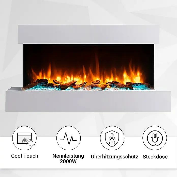 Balderia Elektrischer Kamin IG-WE 3D-Flammeneffekt - Weiß, 110 x 25 x 58,4 cm - Nahaufnahme eines modernen elektrischen Kamins mit simulierten Flammen und Holzscheiten, hervorgehoben durch Symbole für Cool Touch und Überhitzungsschutz.