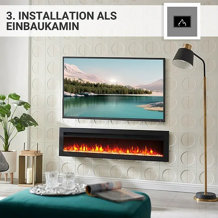 Balderia Elektrischer Kamin AG-50 3D-Flammeneffekt - Schwarz, 127 x 12 x 33 cm - Einbaubares Kamin-Produktbild. Der elektrische Kamin ist unter einem Fernseher an einer Wand mit einem geometrischen Design montiert.