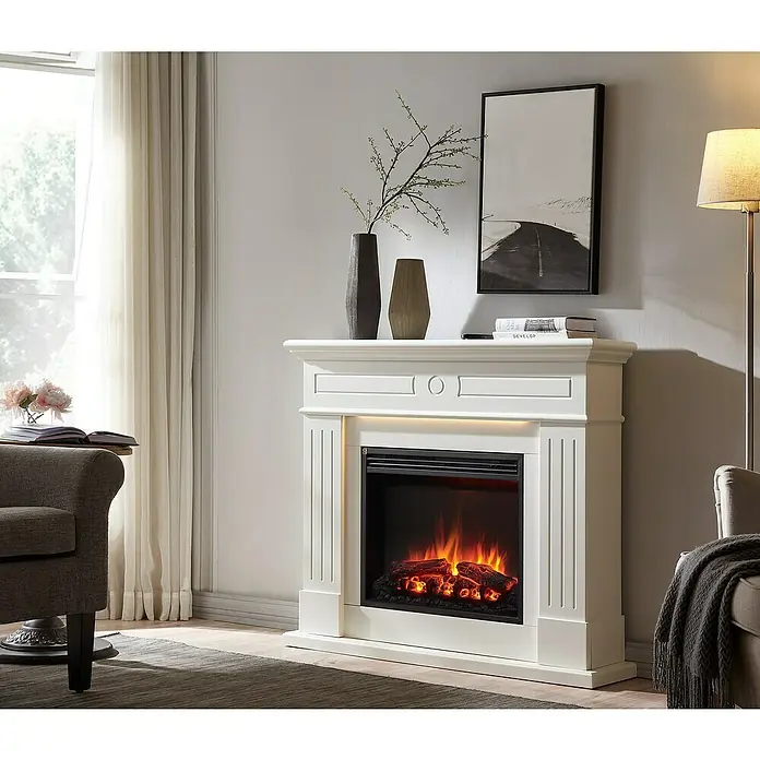 Balderia Elektrischer Kamin LE-WE 3D-Flammeneffekt - Weiß, 111 x 24,9 x 95 cm - Elegante weiße Kaminkonsole mit elektrischem Kamineinsatz. Das perfekte Möbelstück für eine warme und gemütliche Atmosphäre im Wohnzimmer.