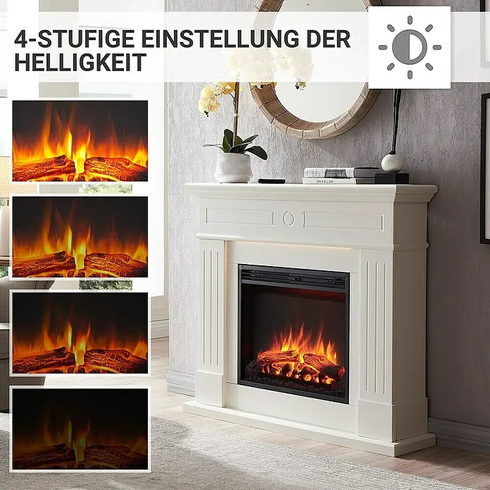Balderia Elektrischer Kamin LE-WE 3D-Flammeneffekt - Weiß, 111 x 24,9 x 95 cm - Bild zeigt einen elektrischen Kamin mit vier Helligkeitsstufen, ideal für gemütliche Abende.
