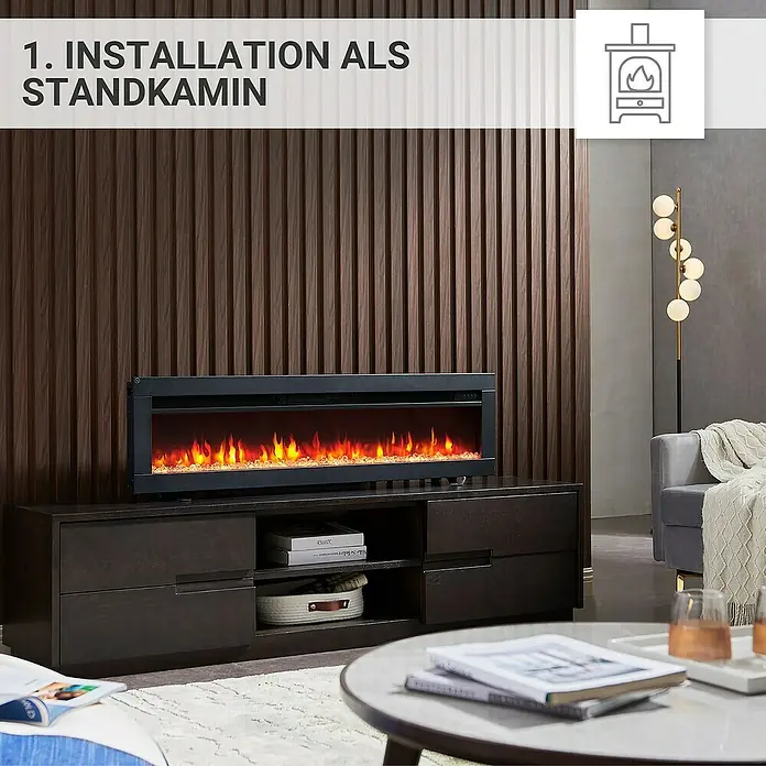 Balderia Elektrischer Kamin AG-50 3D-Flammeneffekt - Schwarz, 127 x 12 x 33 cm - Standkamin-Installation: Der elektrische Kaminofen mit realistischen Flammen sorgt für eine angenehme Atmosphäre im Wohnzimmer.