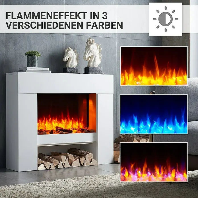 Balderia Elektrischer Kamin NA-WE 3D-Flammeneffekt - Weiß, 100 x 27,9 x 82,5 cm - Das Bild zeigt einen modernen, weißen Elektrokamin mit drei verschiedenen Flammenfarben für eine stimmungsvolle Atmosphäre.