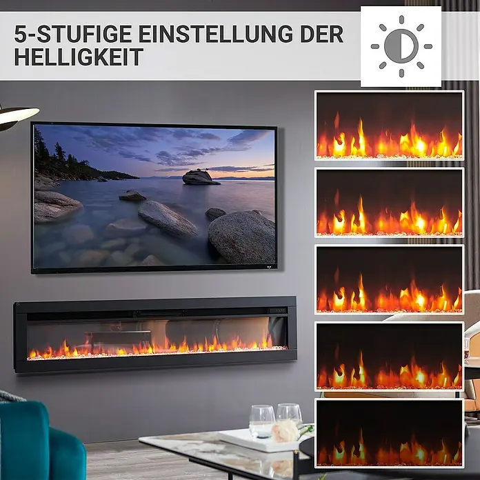 Balderia Elektrischer Kamin AG-60 3D-Flammeneffekt - Schwarz, 152,5 x 12 x 33 cm - Elektrokamin mit einstellbarer Helligkeit in 5 Stufen für eine gemütliche Atmosphäre.