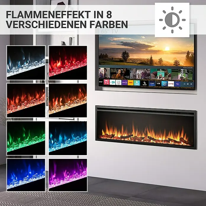 Balderia Elektrischer Kamin AT-60 3D-Flammeneffekt Wifi App - Schwarz, 152,4 x 14,6 x 48 cm - Moderner elektrischer Kamin mit Flammeneffekt in 8 Farben, montiert unter einem 65-Zoll-Fernseher, für eine gemütliche Atmosphäre.