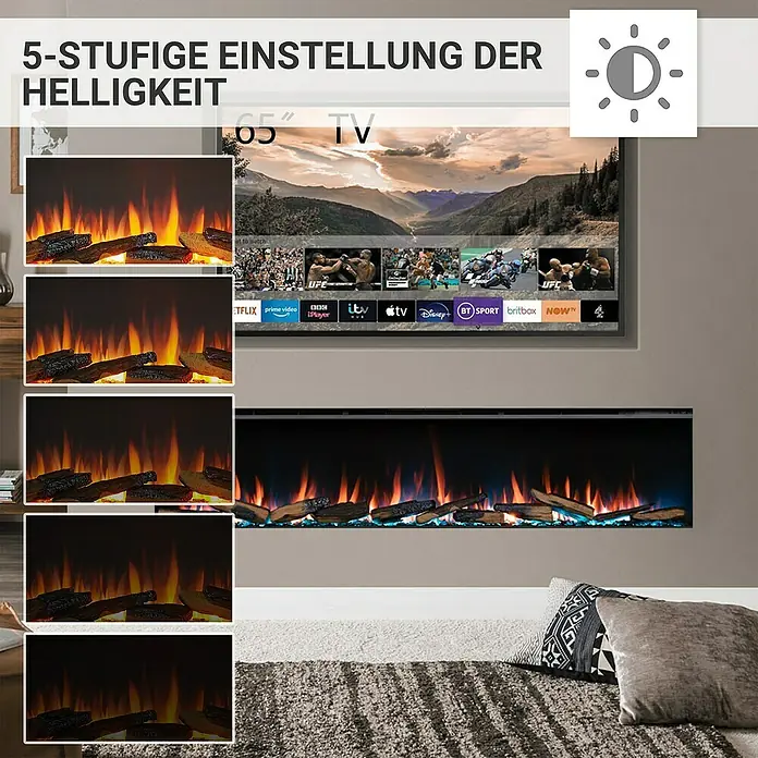 Balderia Elektrischer Kamin AH-72 3D-Flammeneffekt Wifi App - Schwarz, 182,8 x 20,6 x 49,3 cm - Das Bild zeigt einen modernen elektrischen Kamin mit verschiedenen Helligkeitsstufen unter einem 65-Zoll-Fernseher.