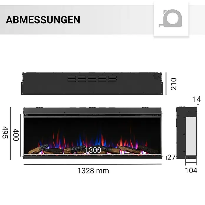 Balderia Elektrischer Kamin AH-52 3D-Flammeneffekt Wifi App - Schwarz, 132,8 x 20,6 x 49,3 cm - Abmessungen eines elektrischen Kamins mit den Maßen 1328mm breit, 495mm hoch und 210mm tief.