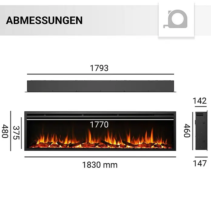 Balderia Elektrischer Kamin AT-72 3D-Flammeneffekt Wifi App - Schwarz, 183 x 14,6 x 48 cm - Abmessungen des elektrischen Kamins mit Flammen- und Holzscheitimitat mit allen Maßangaben.