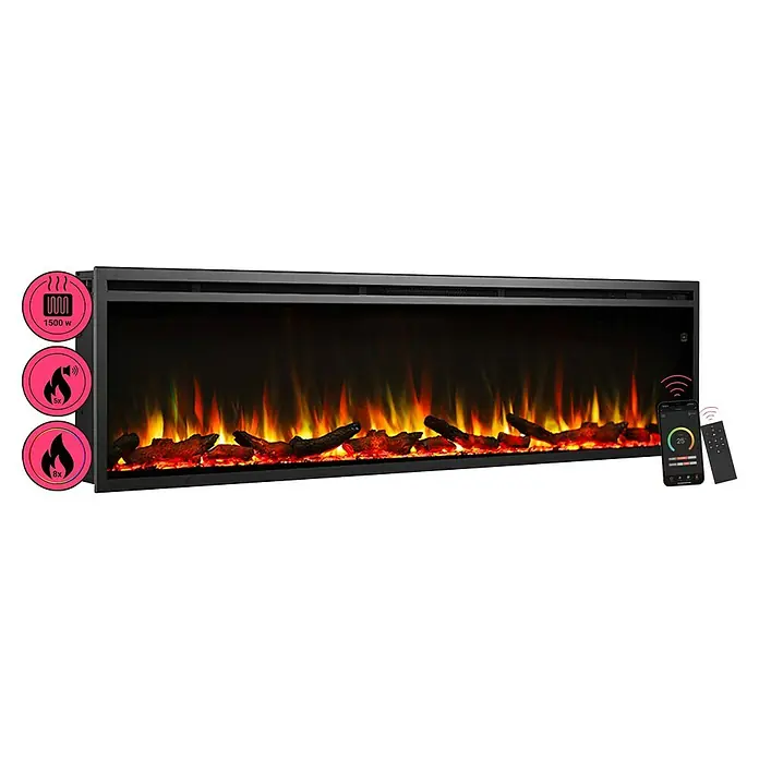 Balderia Elektrischer Kamin AT-72 3D-Flammeneffekt Wifi App - Schwarz, 183 x 14,6 x 48 cm - Bild eines elektrischen Kamins mit Flammen und Steuerung per Smartphone, der Wärme und Atmosphäre erzeugt.
