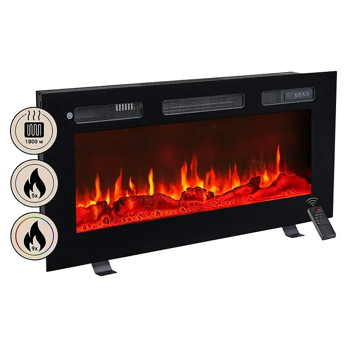 Balderia Elektrischer Kamin LE-36 3D-Flammeneffekt - Schwarz, 92 x 14 x 43 cm - Abbildung eines elektrischen Kaminofens mit Flammeneffekt und Fernbedienung, der eine gemütliche Atmosphäre schafft.\n