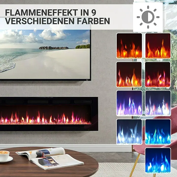 Balderia Elektrischer Kamin LE-60 3D-Flammeneffekt - Schwarz, 152,5 x 14 x 43 cm - Bilder zeigen einen elektrischen Kamin mit 9 verschiedenen Flammeneffekten und Helligkeitseinstellungen.