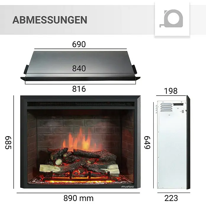 Balderia Elektrischer Kamin CA-33 3D-Flammeneffekt - Schwarz, 89 x 22 x 68,5 cm - Abmessungen des PuraFlame Elektrokamins mit detaillierten Maßangaben. Die Grafik zeigt die Dimensionen des Kamins in Millimetern.