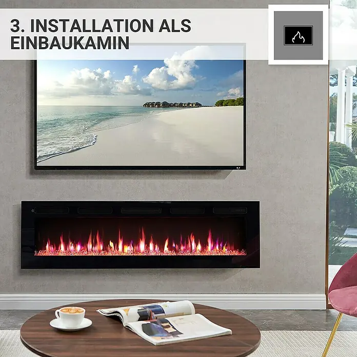 Balderia Elektrischer Kamin LE-60 3D-Flammeneffekt - Schwarz, 152,5 x 14 x 43 cm - Wandmontierter Elektrokamin unter einem Fernseher für ein modernes Ambiente im Wohnzimmer.