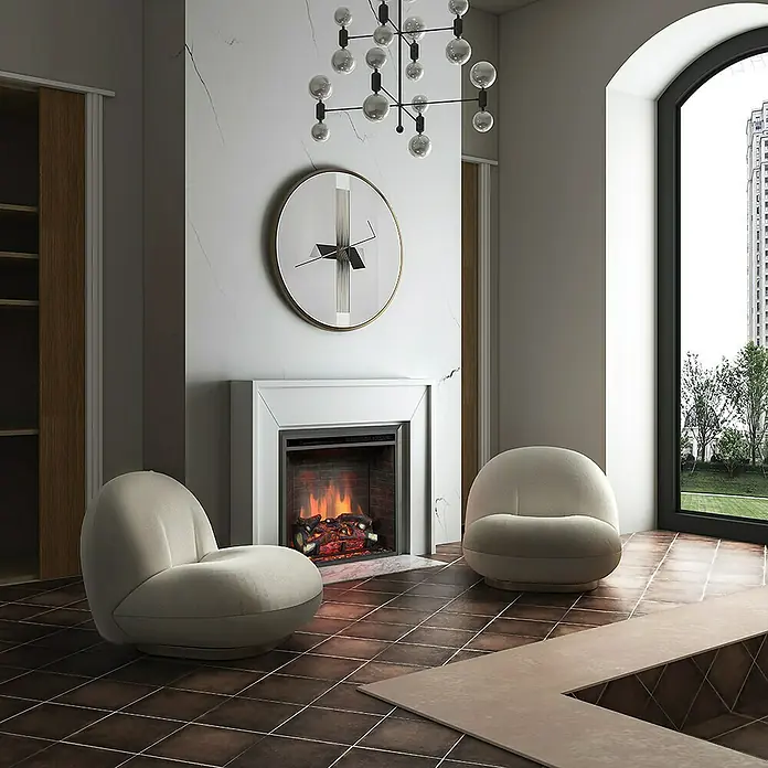 Balderia Elektrischer Kamin CA-26 3D-Flammeneffekt - Schwarz, 71 x 22 x 62,5 cm - Gemütliches Wohnzimmer mit modernem Kamin und zwei bequemen Sesseln. Die Beleuchtung sorgt für eine angenehme Atmosphäre.