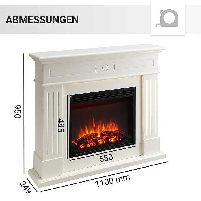 Balderia Elektrischer Kamin LE-WE 3D-Flammeneffekt - Weiß, 111 x 24,9 x 95 cm - Abmessungen eines weißen elektrischen Kamins mit simulierten Flammen und Maßen in Millimetern dargestellt.