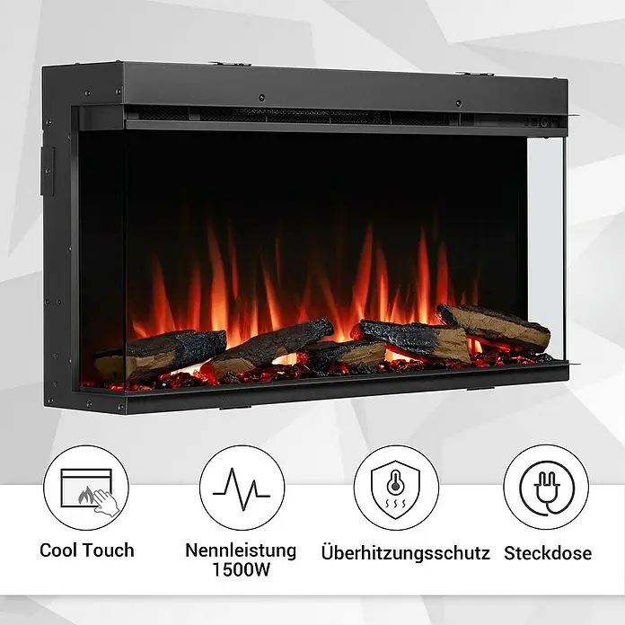 Balderia Elektrischer Kamin AH-36 3D-Flammeneffekt Wifi App - Schwarz, 92,8 x 20,6 x 49,3 cm - Produktdarstellung eines elektrischen Kamineinsatzes mit realistischen Flammen und Holzscheit-Dekoration.