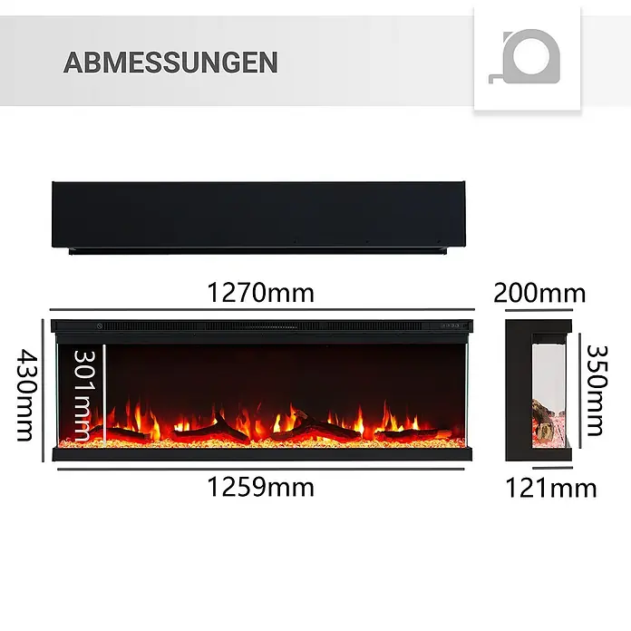 Balderia Elektrischer Kamin OR-50 3D-Flammeneffekt - Schwarz, 127 x 20 x 43 cm - Abmessungen des elektrischen Kamins mit Angaben zu Länge, Höhe und Tiefe in Millimetern.