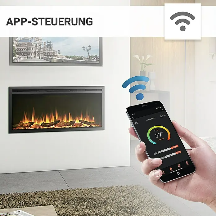 Balderia Elektrischer Kamin AT-40 3D-Flammeneffekt Wifi App - Schwarz, 101,6 x 14,6 x 48 cm - Intelligente Steuerung eines elektrischen Kamins per App. Komfortabel Temperatur und Flammen regulieren.