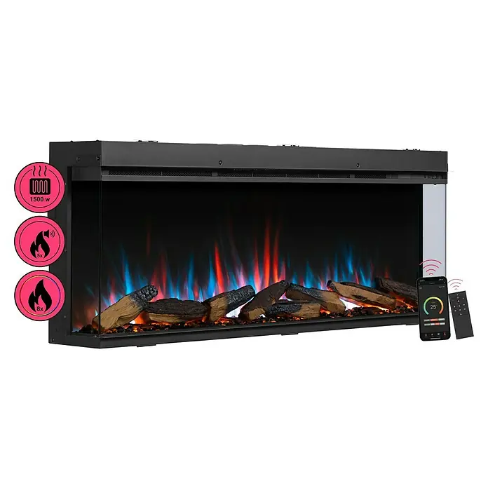 Balderia Elektrischer Kamin AH-52 3D-Flammeneffekt Wifi App - Schwarz, 132,8 x 20,6 x 49,3 cm - Bild eines modernen elektrischen Kamins mit realistischen Flammen und Holzscheit-Details, gesteuert per Smartphone-App.