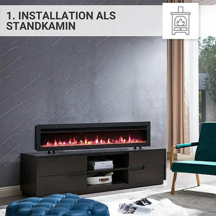 Balderia Elektrischer Kamin AG-60 3D-Flammeneffekt - Schwarz, 152,5 x 12 x 33 cm - Bild einer elektrischen Feuerstelle auf einem Lowboard.