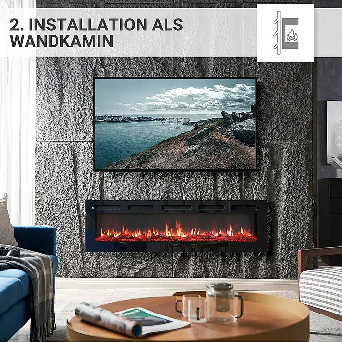 Balderia Elektrischer Kamin LE-60 3D-Flammeneffekt - Schwarz, 152,5 x 14 x 43 cm - Wandmontierter Elektrokamin mit lodernden Flammen unter einem Flachbildfernseher für gemütliche Atmosphäre.